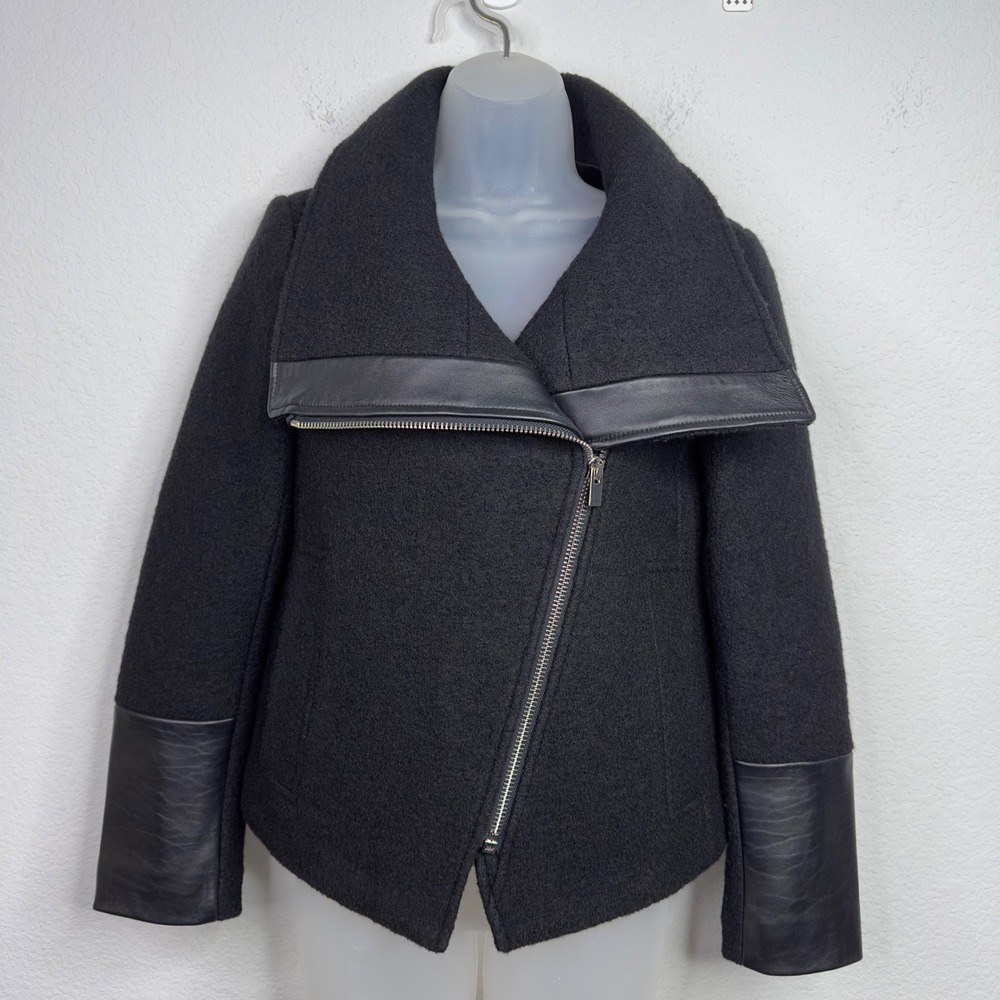 Club Monaco Moto Jacket Women XS Black Wool Lamb Leather Asymmetrical Moto Edgy